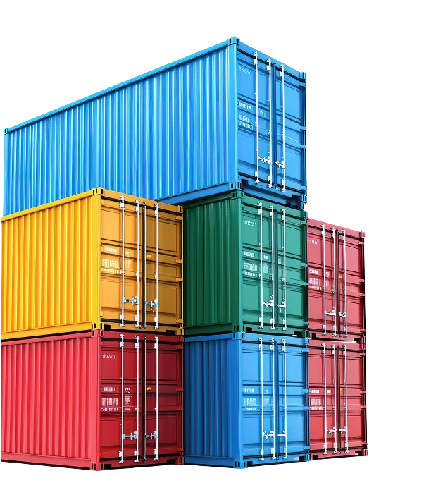 Een selectie van gestapelde felgekleurde zeecontainers in blauw, geel, rood en groen, netjes gerangschikt tegen een donkere achtergrond